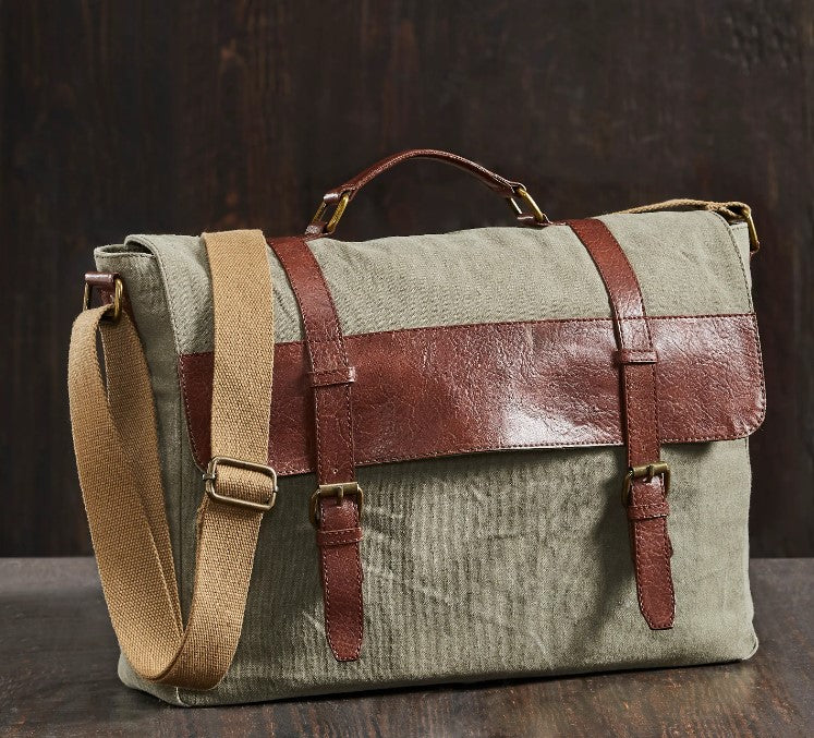 canvas leather messenger crossbody backpack organizer Kaki Wanderer Up-Cycled Canvas Messenger Bag – Created Collections LLC