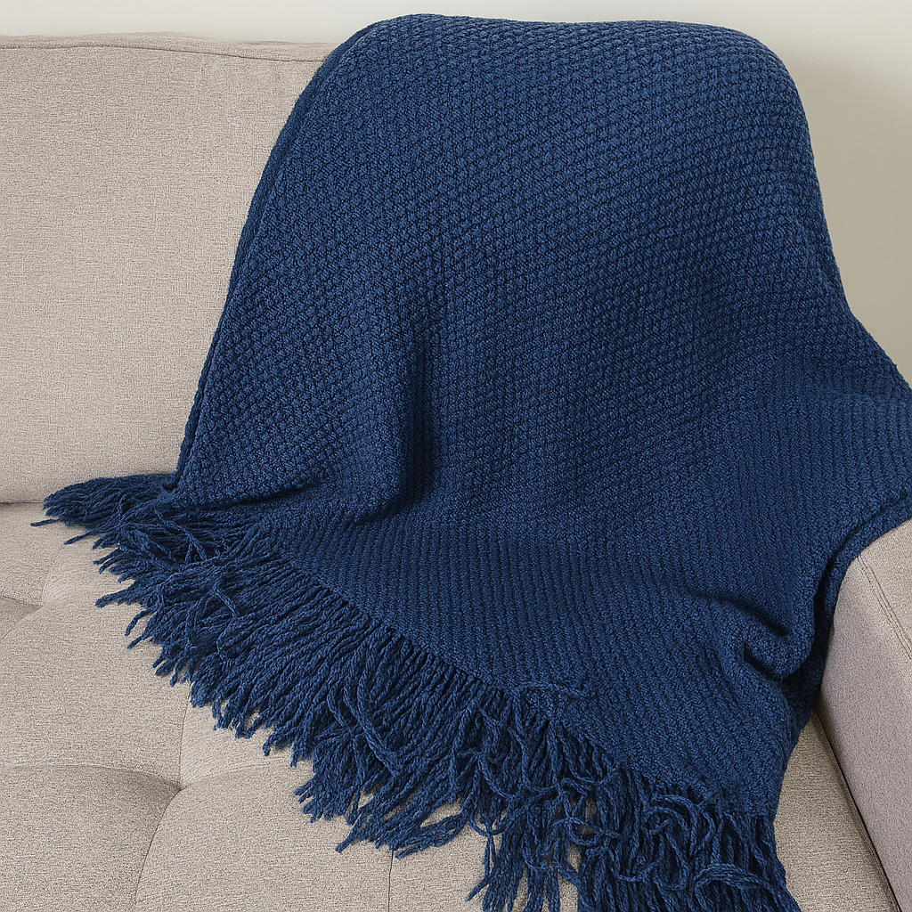 Throw Blanket with Fringe: Navy Blue