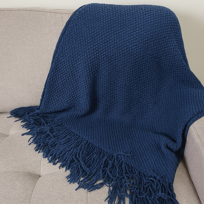 Throw Blanket with Fringe: Navy Blue