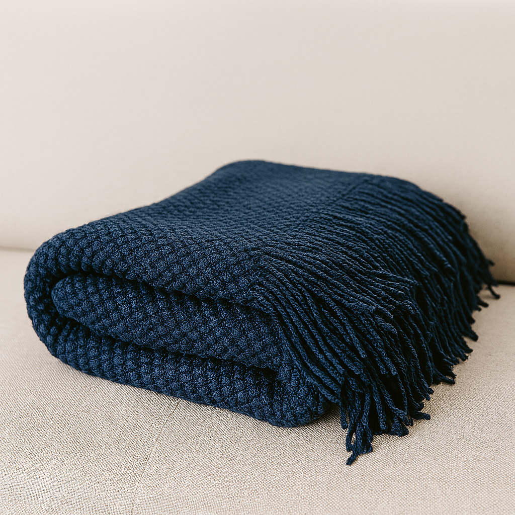 Throw Blanket with Fringe: Navy Blue