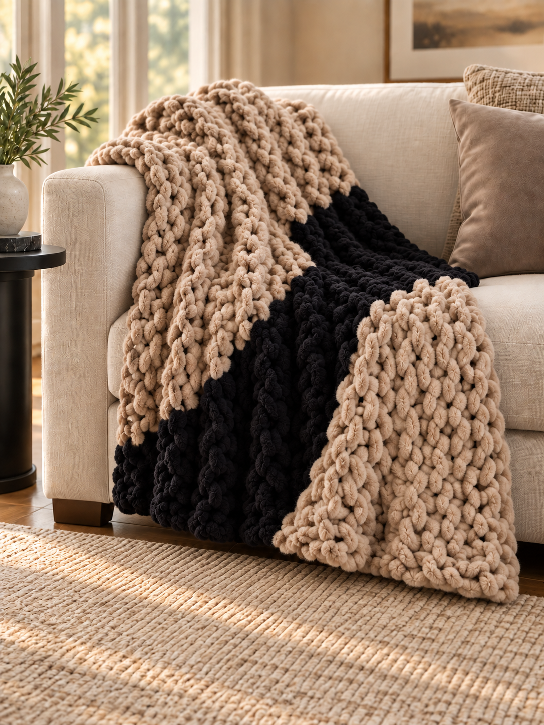 Taupe Black Ivory Hand Knit Throw Blanket