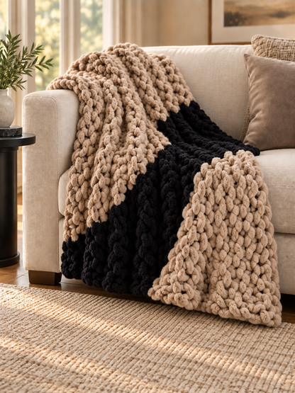 Taupe Black Ivory Hand Knit Throw Blanket