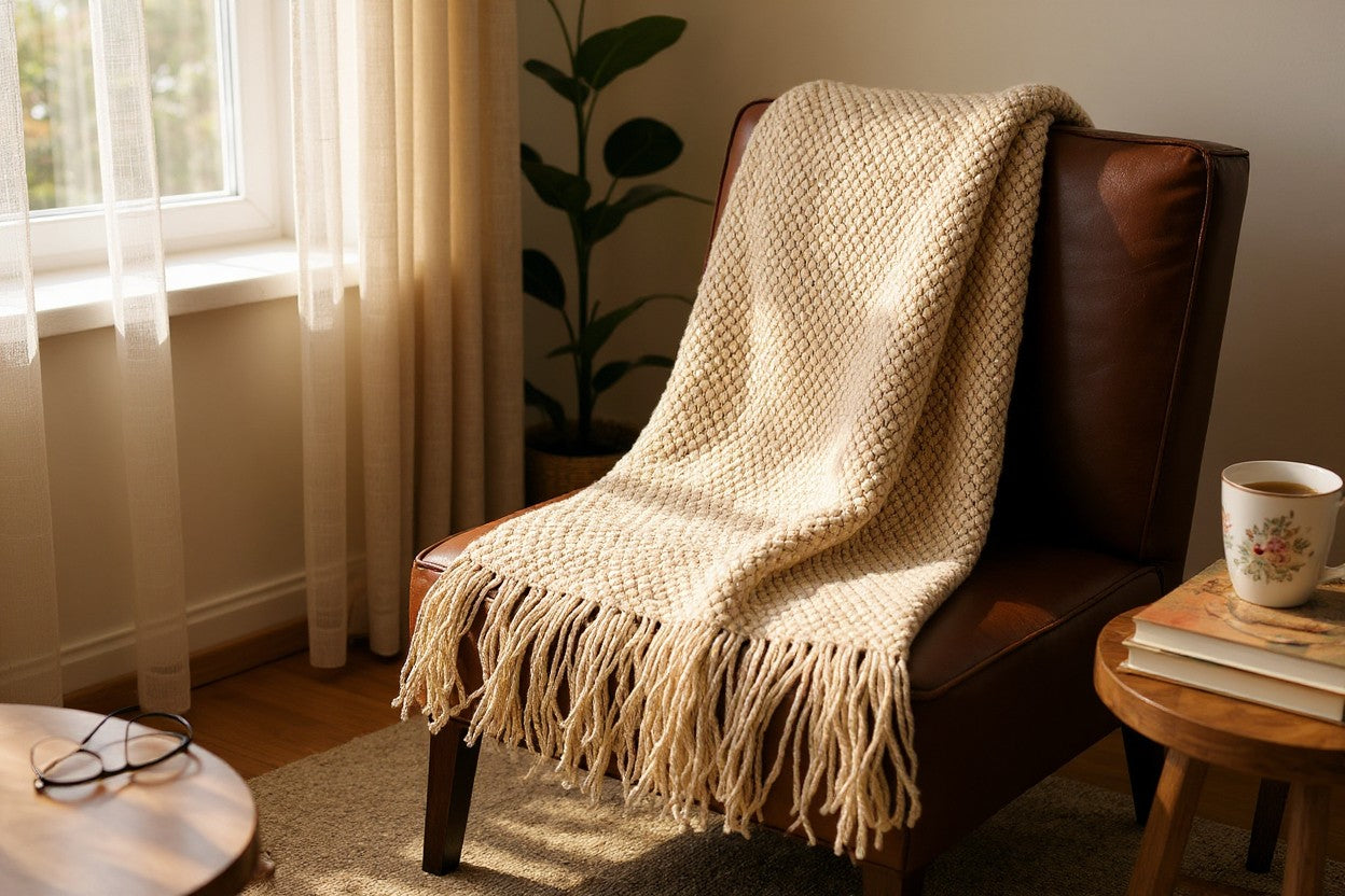 Knit Textured 50&quot;x60&quot; Throw Blanket with Fringe: Khaki