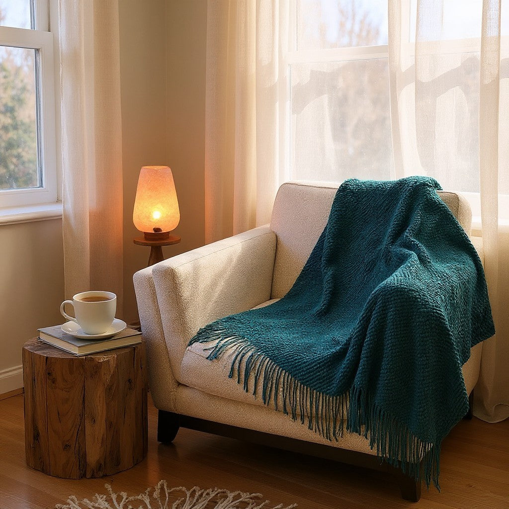 Throw Blanket with Fringe: Teal