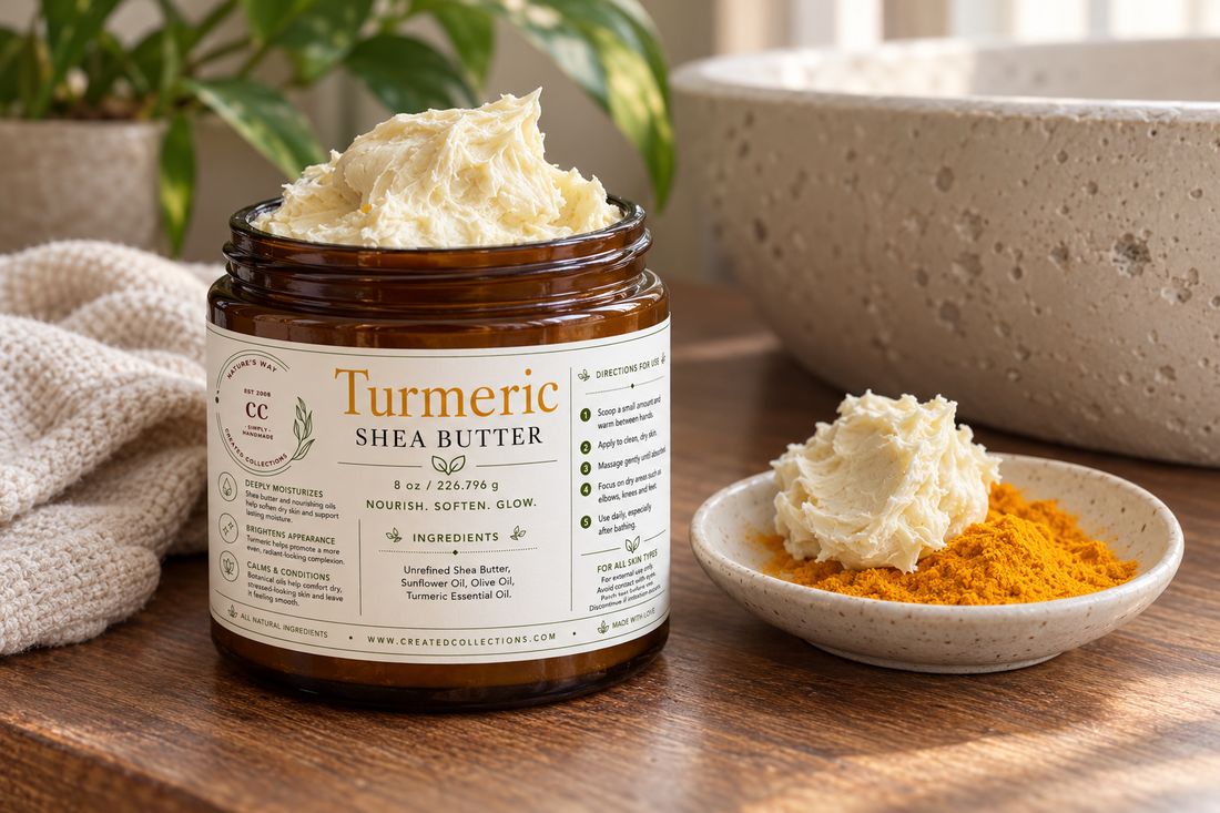 Open amber jar of Turmeric Shea Butter beside turmeric powder on a wooden vanity.”
