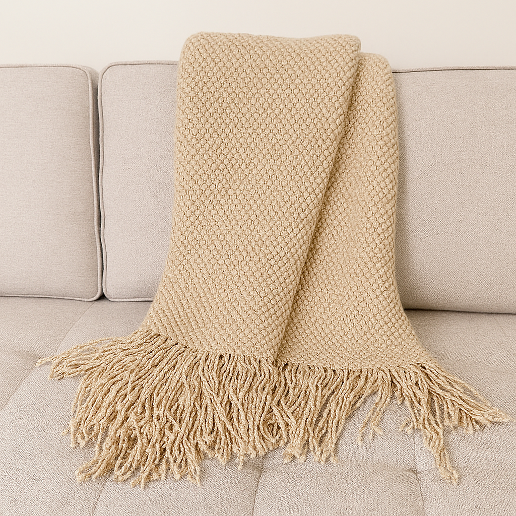Knit Textured 50&quot;x60&quot; Throw Blanket with Fringe: Khaki