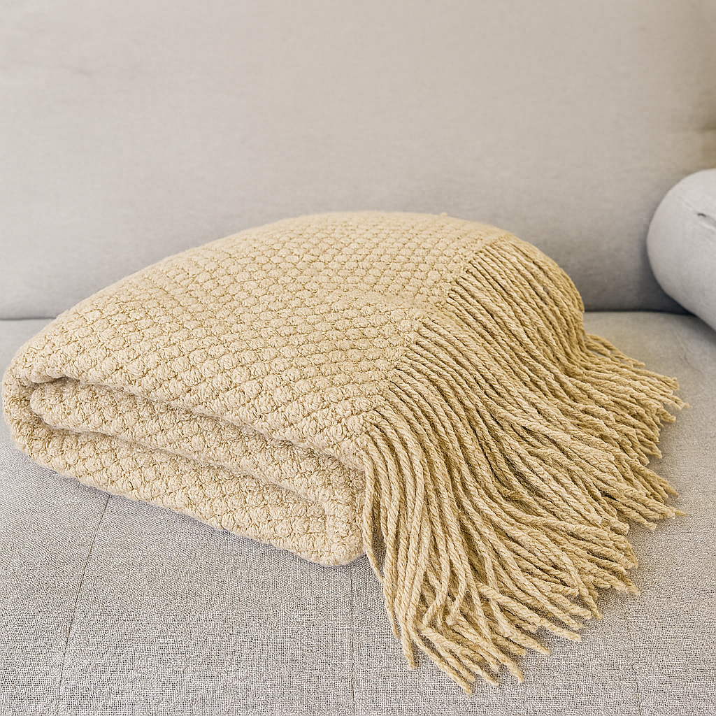 Knit Textured 50&quot;x60&quot; Throw Blanket with Fringe: Khaki