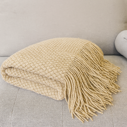 Knit Textured 50&quot;x60&quot; Throw Blanket with Fringe: Khaki