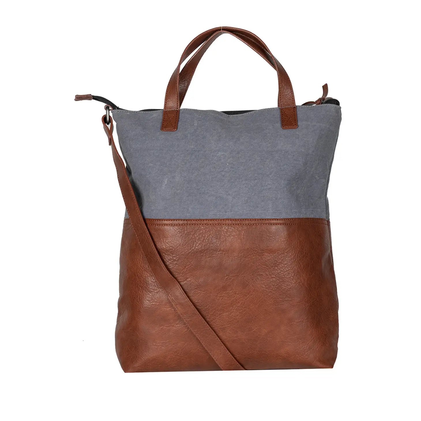 Gray and Leather Up-Cycled Canvas Convertible Tote