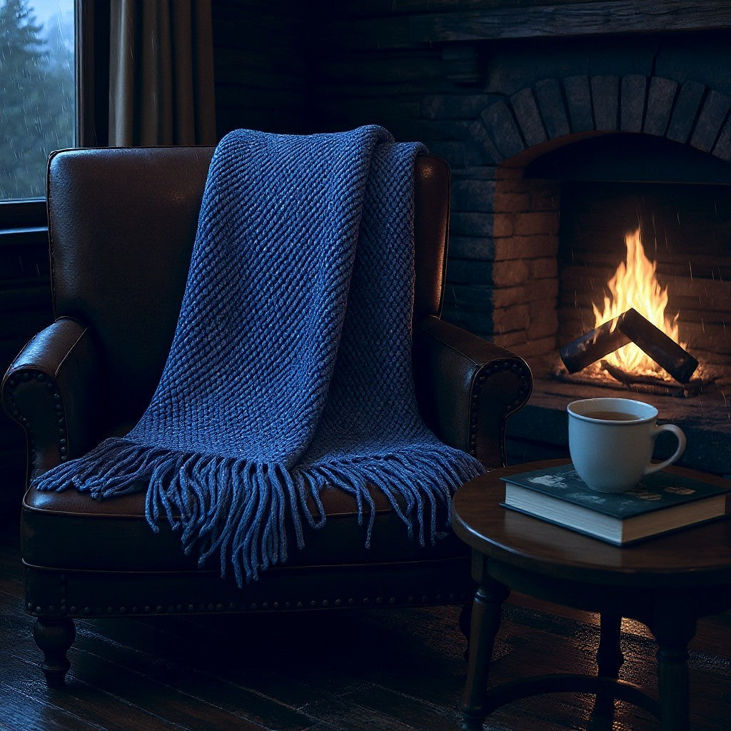 Throw Blanket with Fringe: Navy Blue