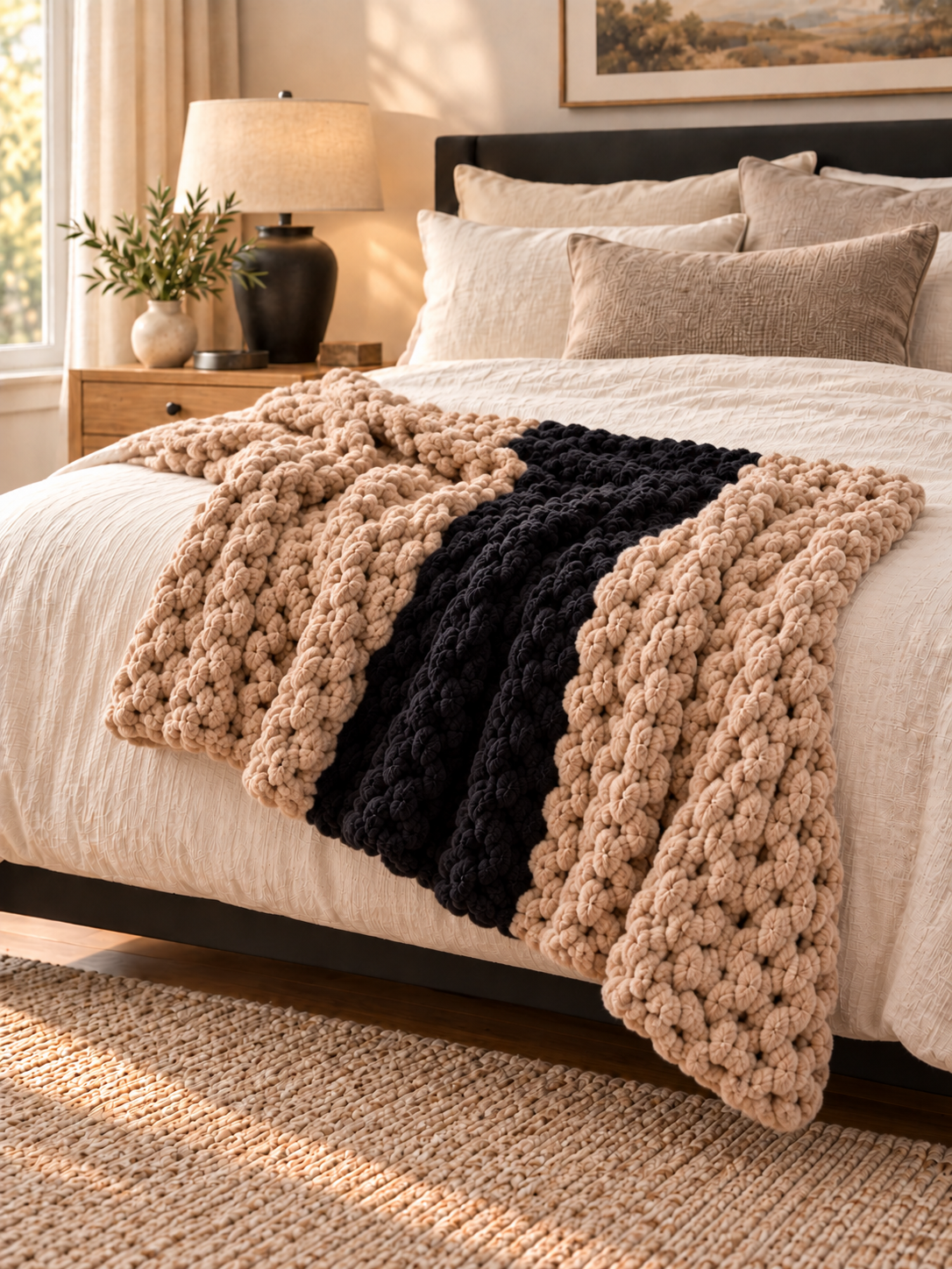 Taupe Black Ivory Hand Knit Throw Blanket