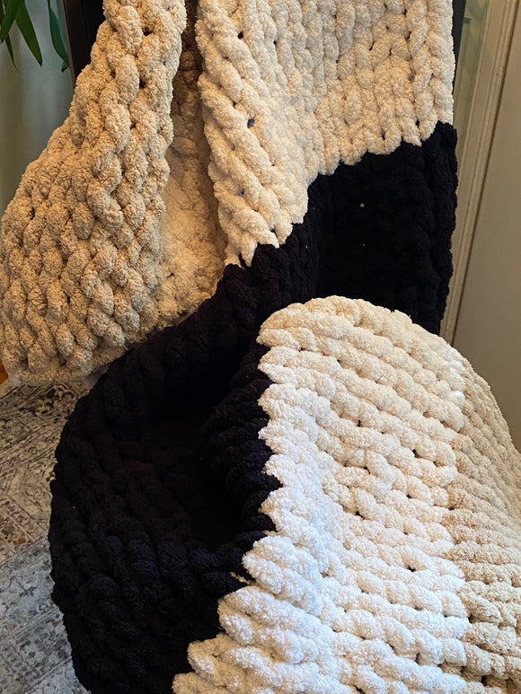 Taupe Black Ivory Hand Knit Throw Blanket