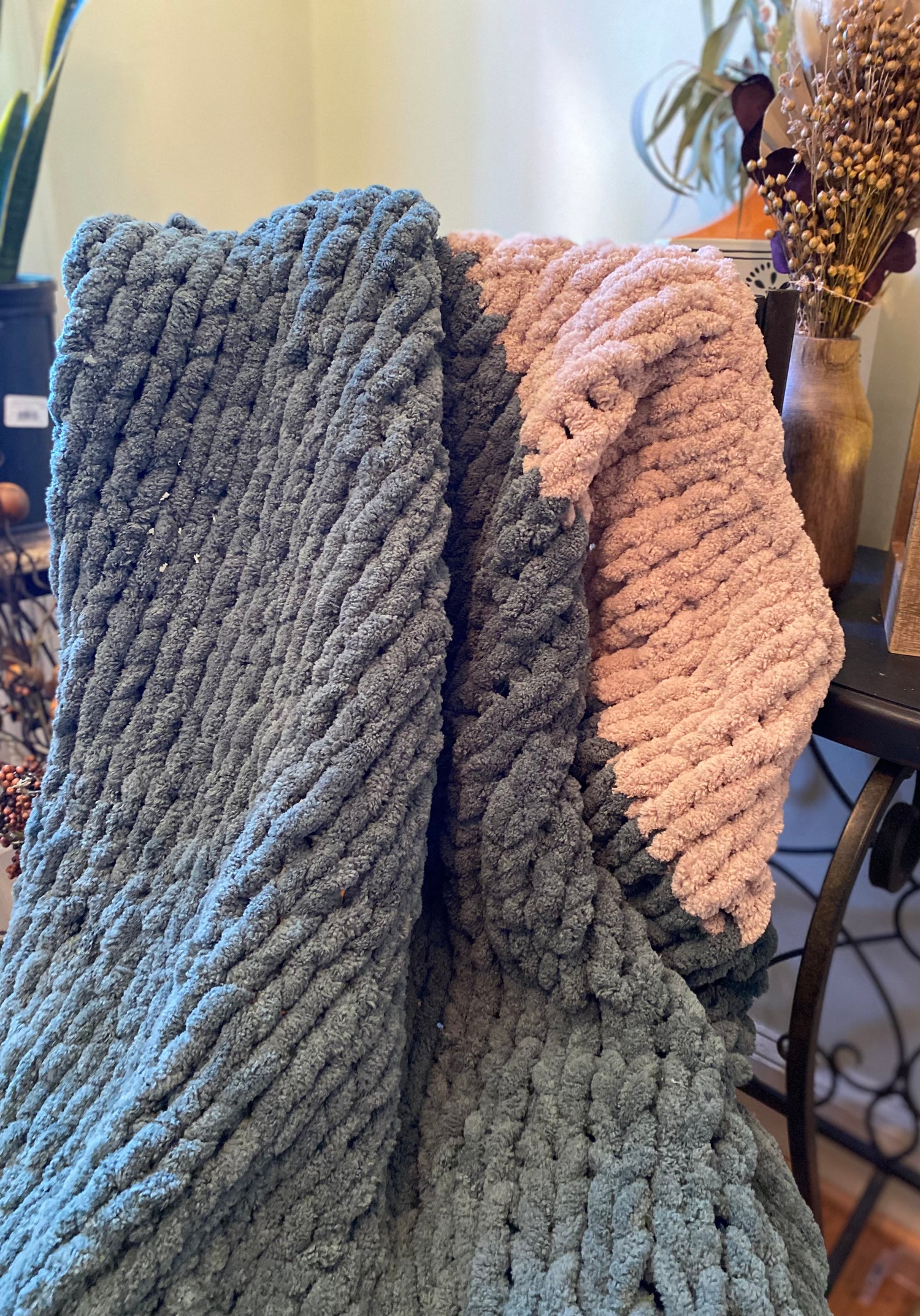 Taupe and Sage Hand Knit Throw Blanket