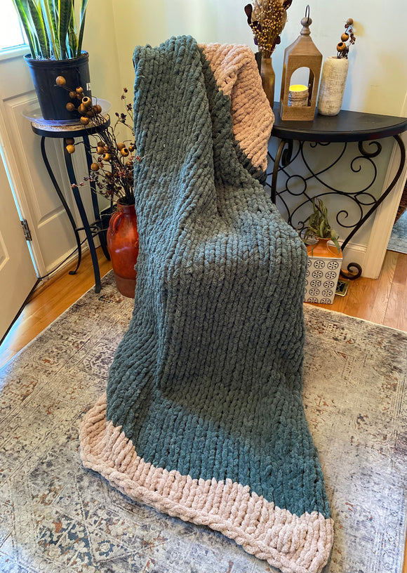 Taupe and Sage Hand Knit Throw Blanket